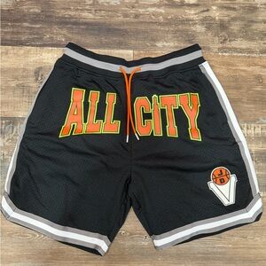 Just Don Black Mesh 'ALL CITY' Basketball Shorts with Neon Orange/Yellow Logo